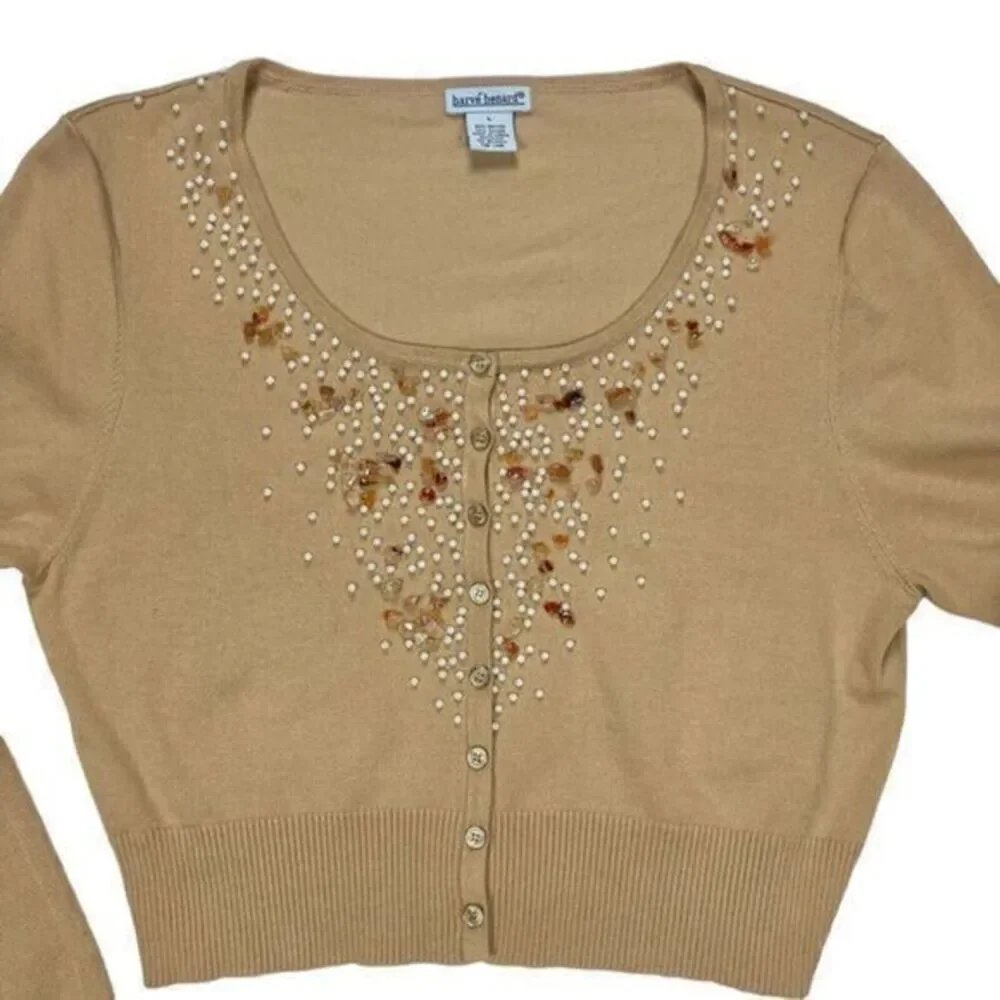 Harve Benard Sweater Womens Large Beaded Pearls Embellished Cardigan Granny Core